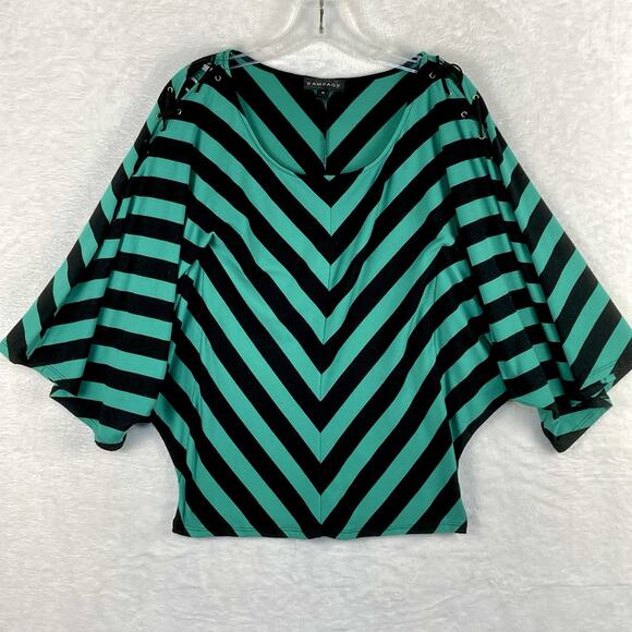 Rampage Womens M Kelly Green Black Striped Y2K Emo Lace Up Top Blouse Goth - Picture 1 of 9